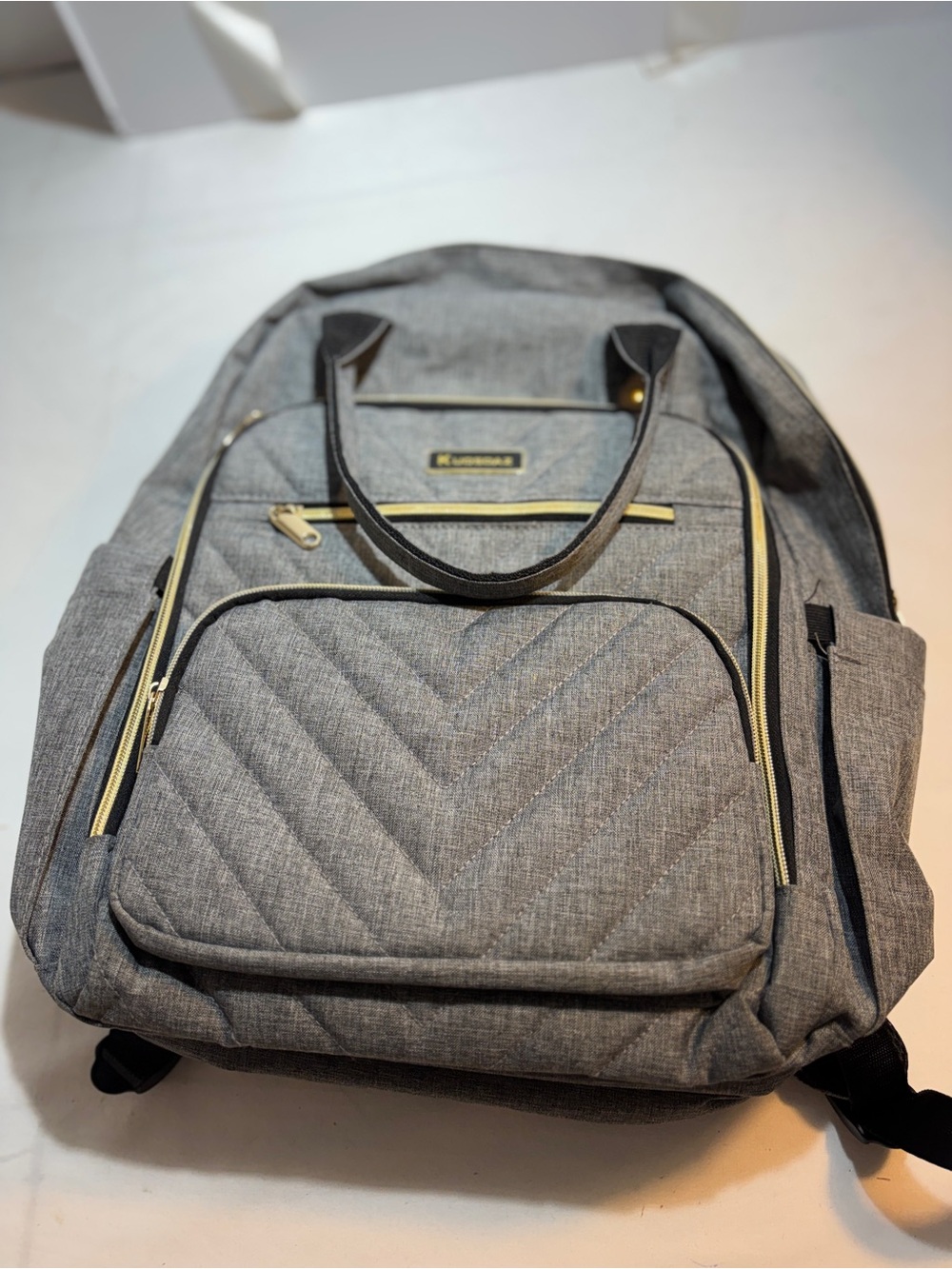 Kuosdaz Gray Quilted Backpack with Gold Zippers with multiple pockets